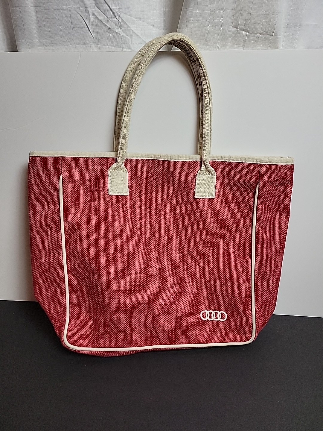 AUDI Car Logo Burgundy Red/Cream Linen Market Tote Bag 18” x 13.5” Burlap/Jute
