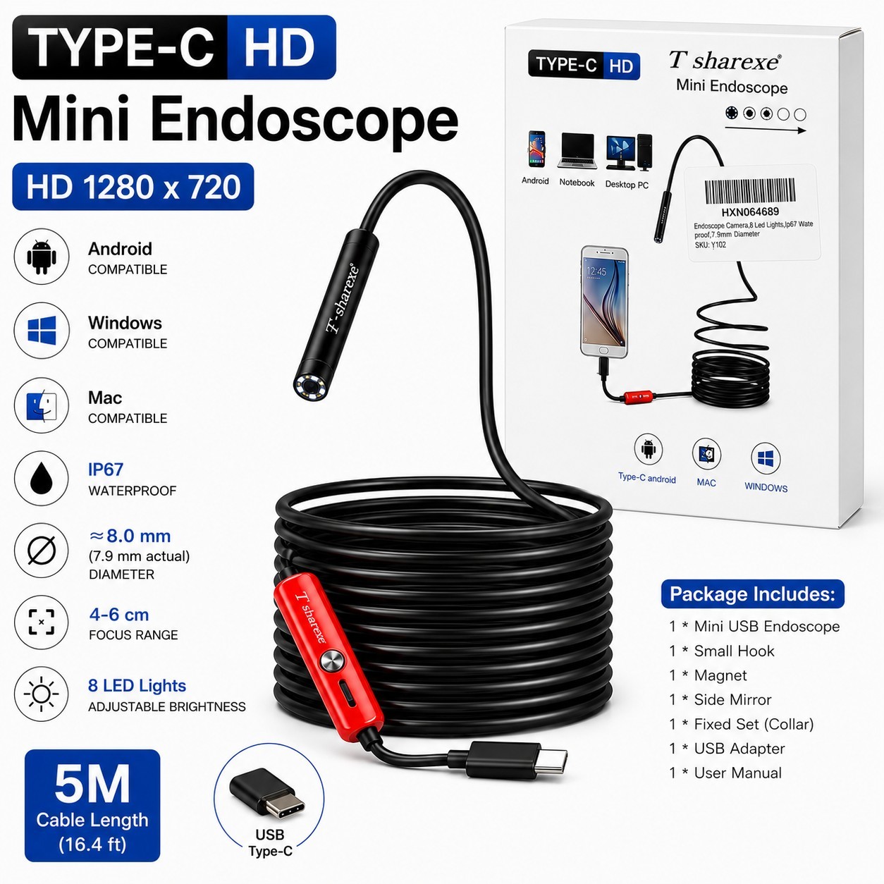 T-sharexe HD Endoscope Camera 5M USB-C IP67 720P 8 LED for PC Mac Android