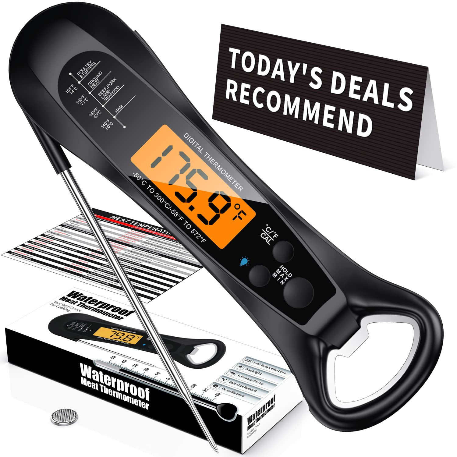 Intelligent Fast Instant Read Meat Thermometer, Waterproof, Backlight, Black