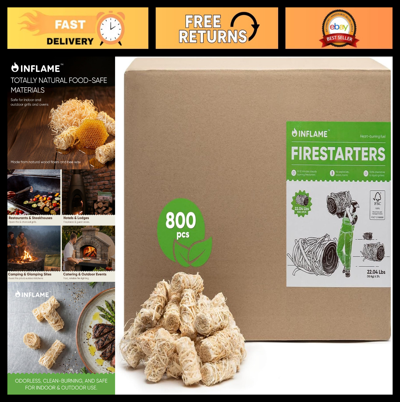 800 Pcs Fire Starters - Waterproof Natural Wood for Campfires, BBQ, Grill, Firep