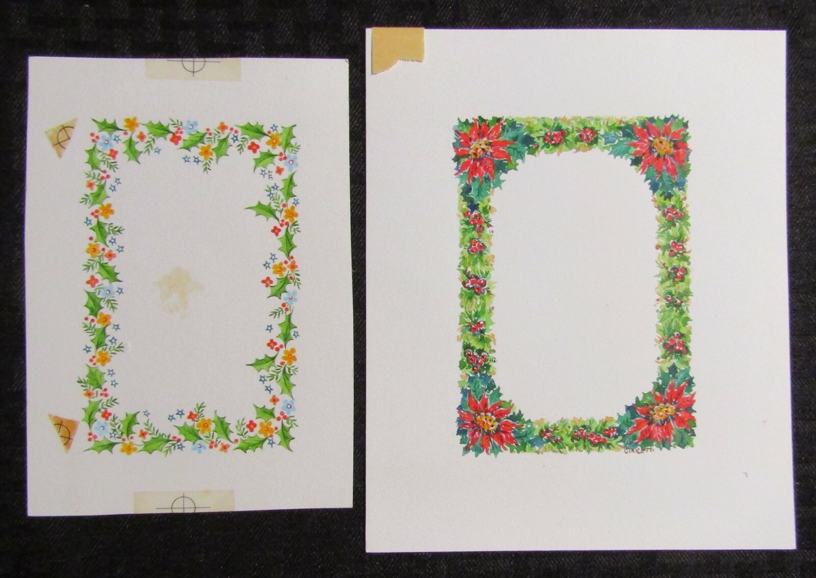 CHRISTMAS Flowers & Poinsettias Border 6x7.5" Greeting Card Art LOT of 2