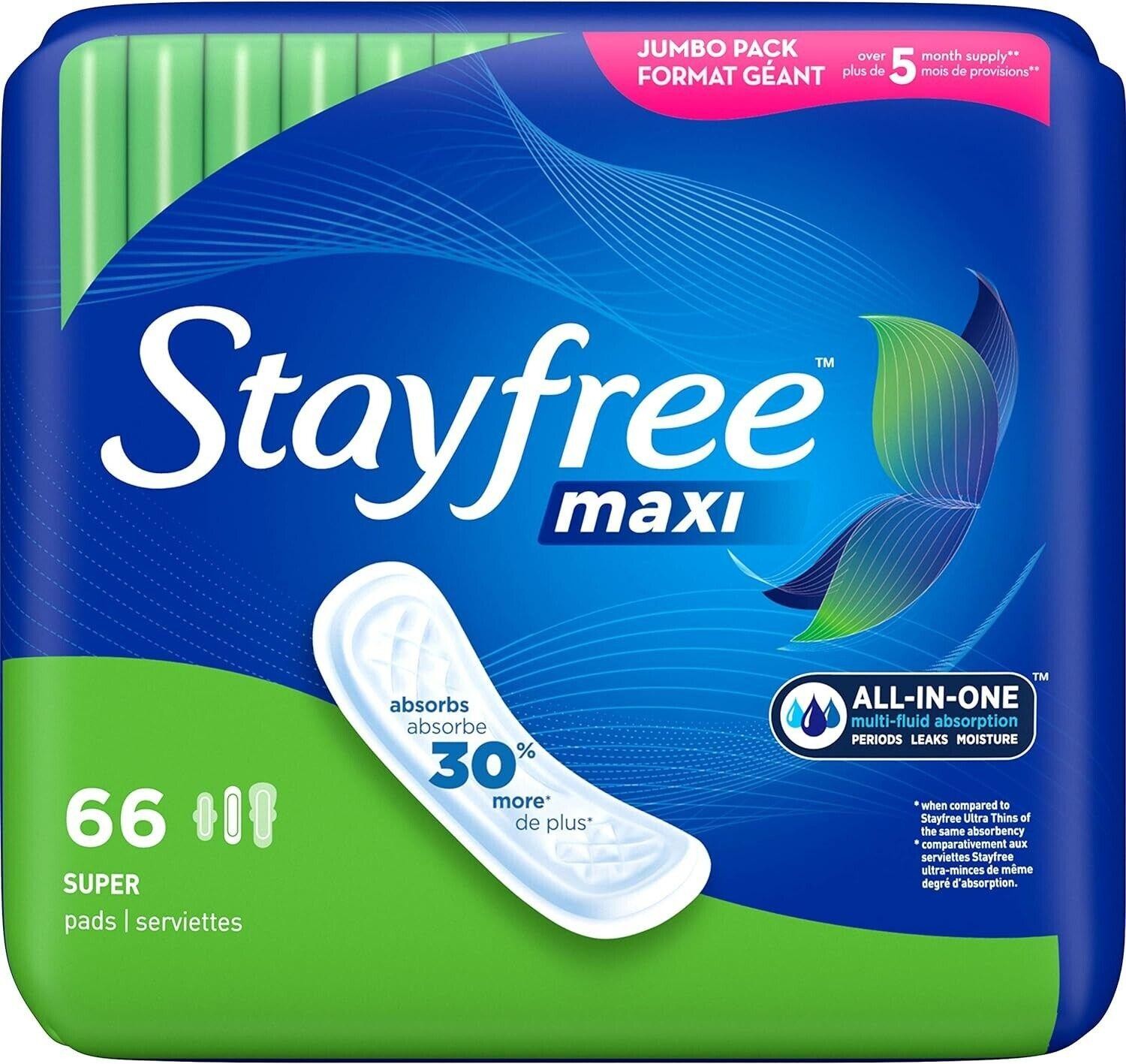 Stayfree Maxi Pads for Women, Super Protection Absorption - 66 Count.