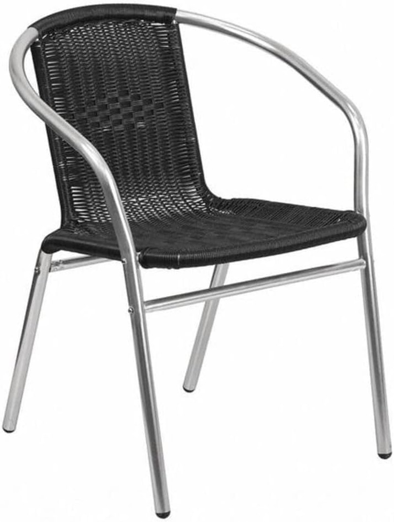 Commercial Aluminum and Black Rattan Indoor-Outdoor Restaurant Stack Chair