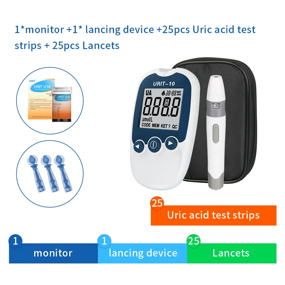 URIT Uric Acid Test Kit meter with 25 Test Strips & 25 Lancets lance and code HJ