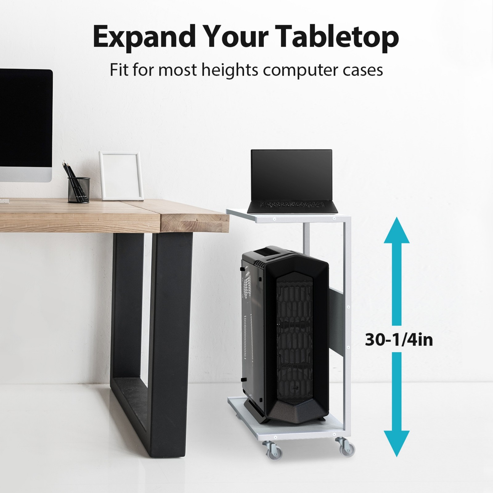 Under Desk CPU Stand, 2-Tier C-Shape Trolley w/ Wheels for Large ATX PC Tower