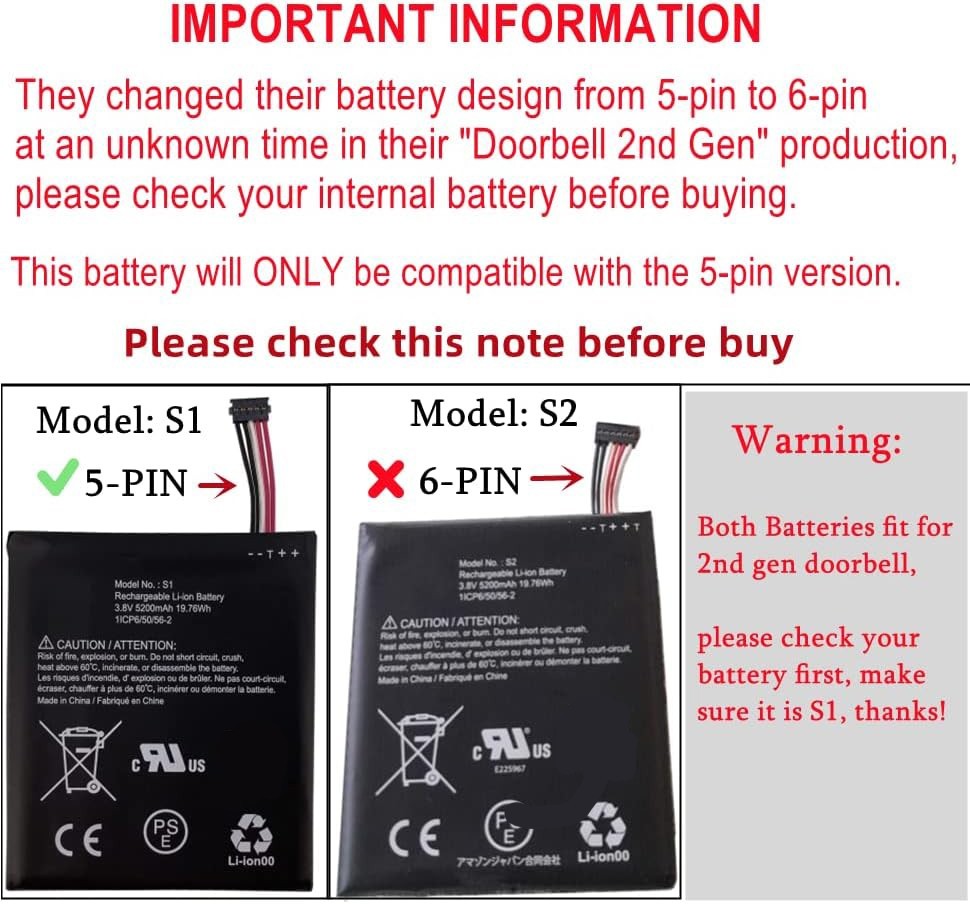 Internal Battery for Ring Video Doorbell 5 Cable Plug Battery Version S1 (5-pin)