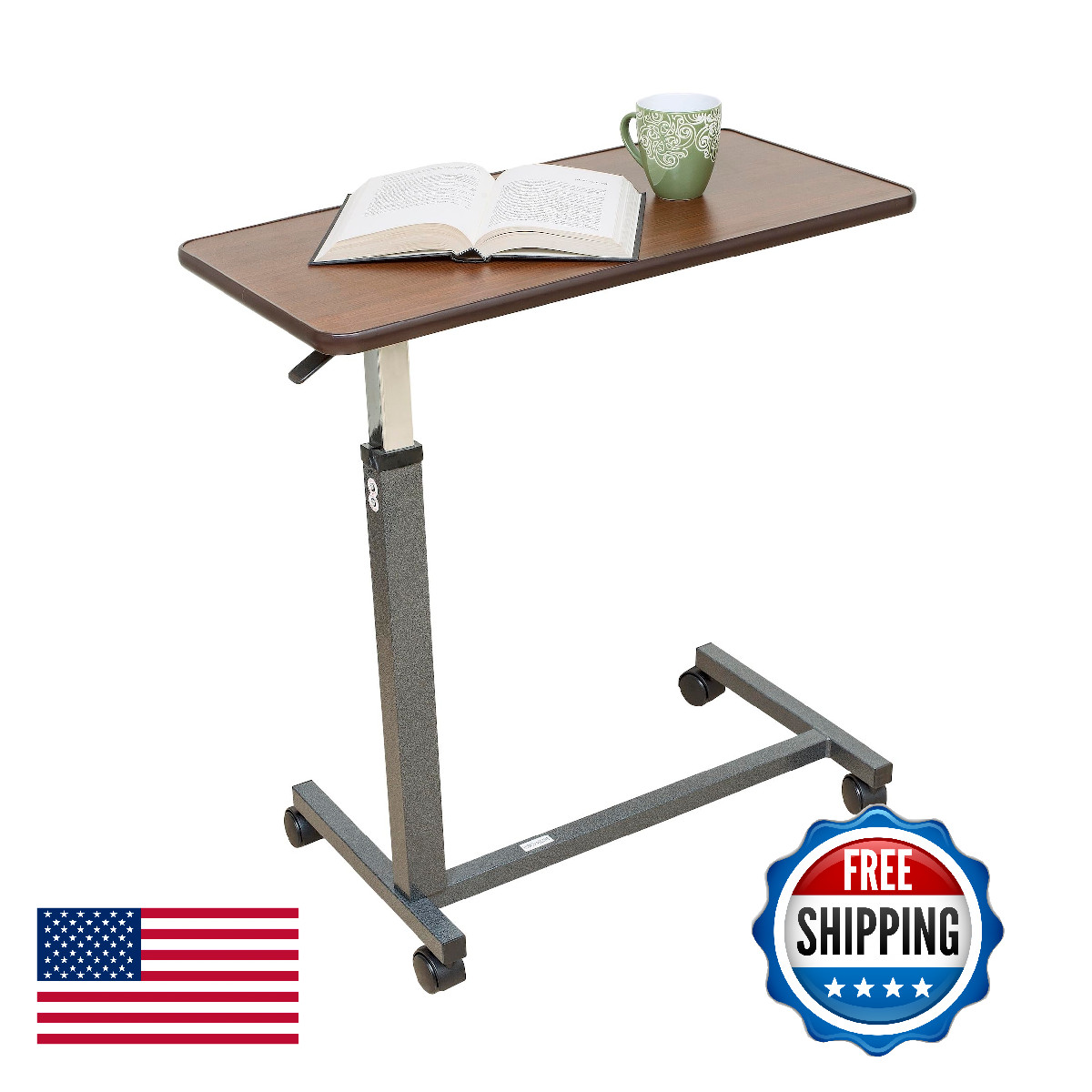 Essential Medical Supply Auto Overbed Table - Woodgrain Top, Locking Wheels, Adj