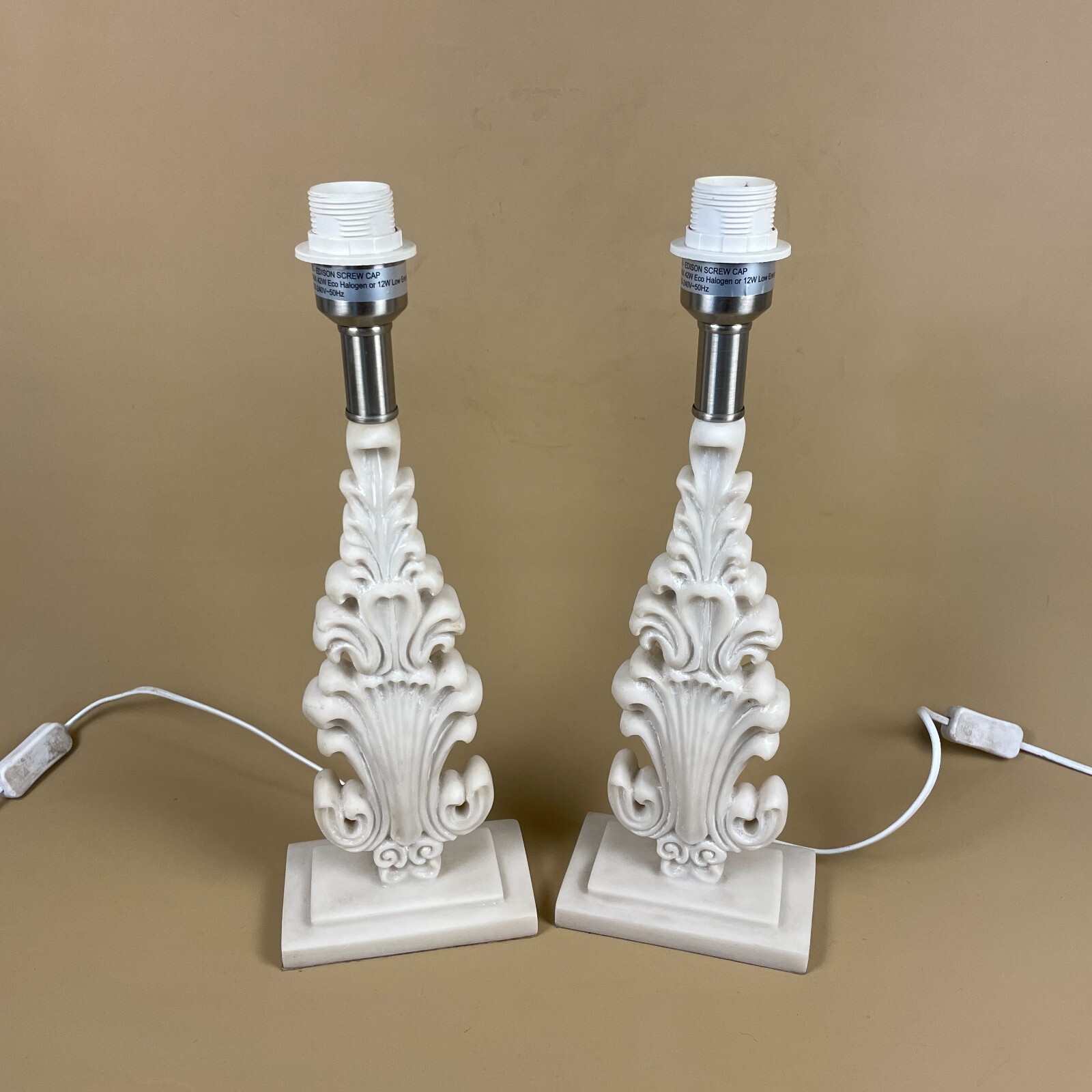 Pair of Faux Marble Lamps Bedside Table Side Lights Ornate Style Modern Cream