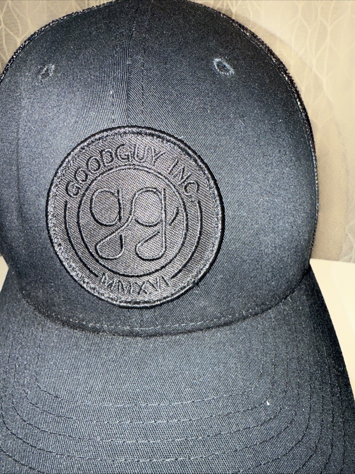 GG Good Guy Inc MMXVI Black patch on Black Trucker Hat Cap Black Mesh EUC