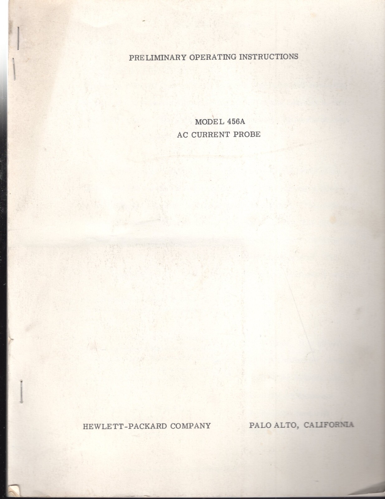 Hewlett Packard 456A AC Current Probe Preliminary Operating Instructions