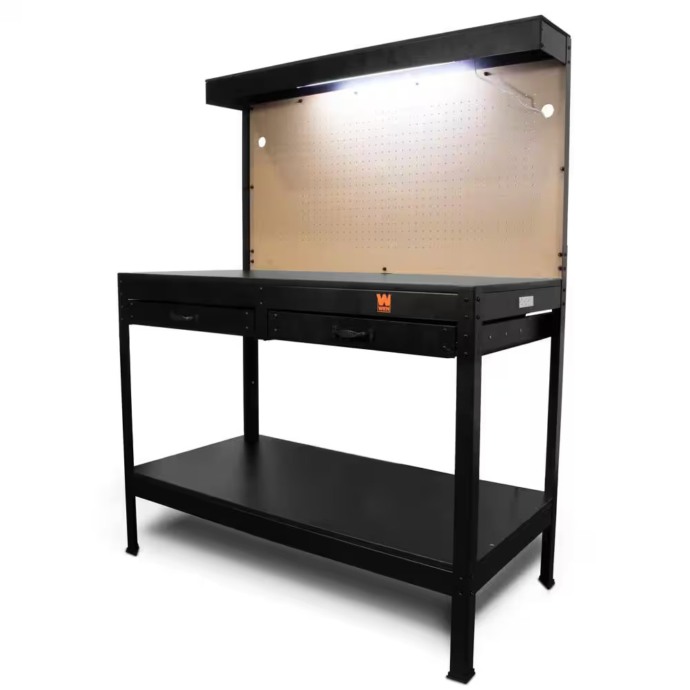 Work Bench With Light PowerStrip Table Reloading Machine Shop Garage Hobby Steel