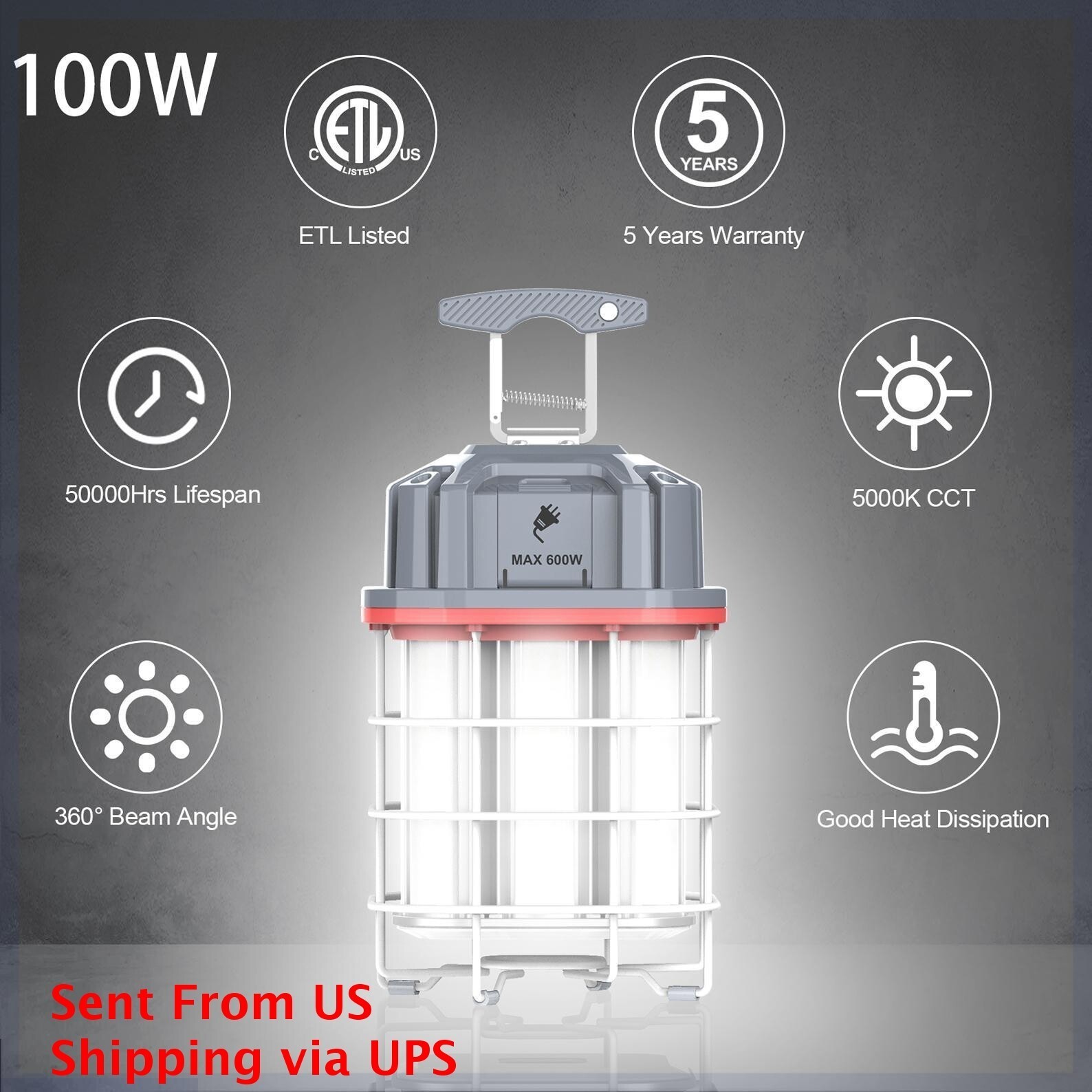 100W Linkable LED Temporary Hanging Work Light Portable Job Site Working Light