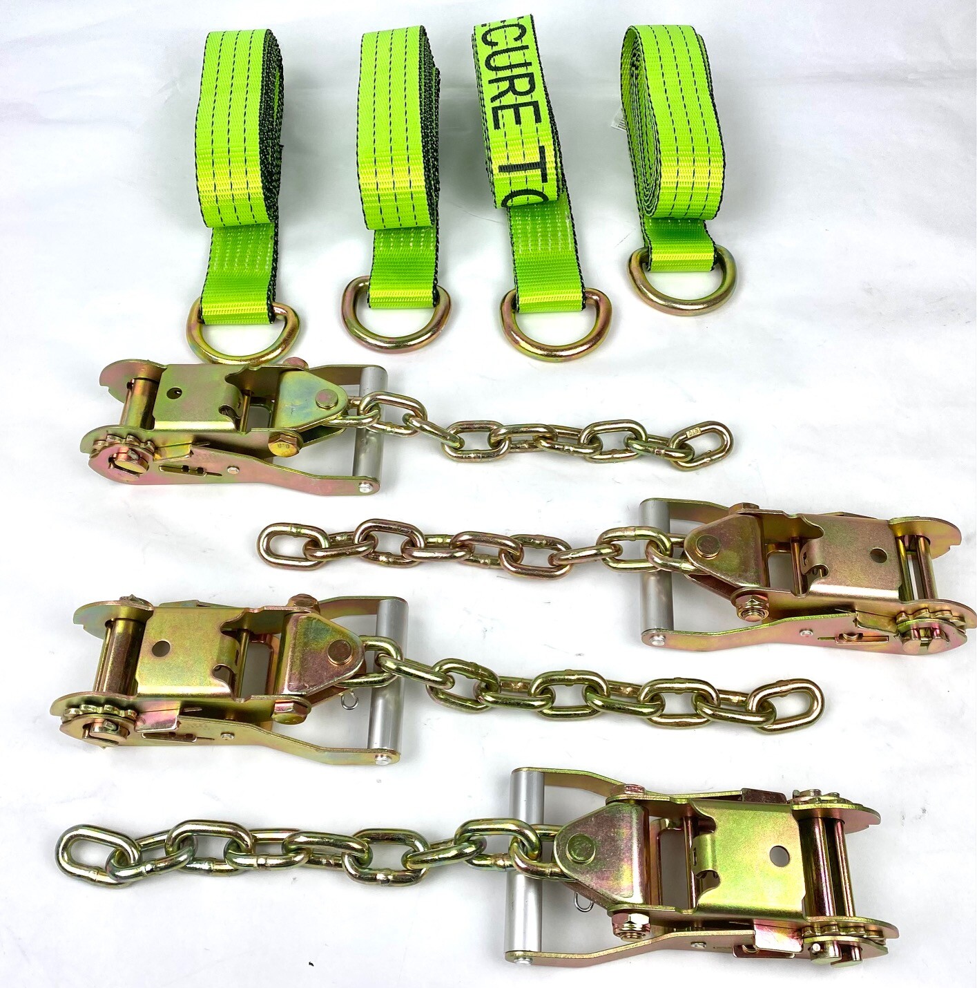 4 pk of 2" x 10' Hi-VIZ Green TECNIC Webbing Lasso Straps w/ Chain Tail Ratchets