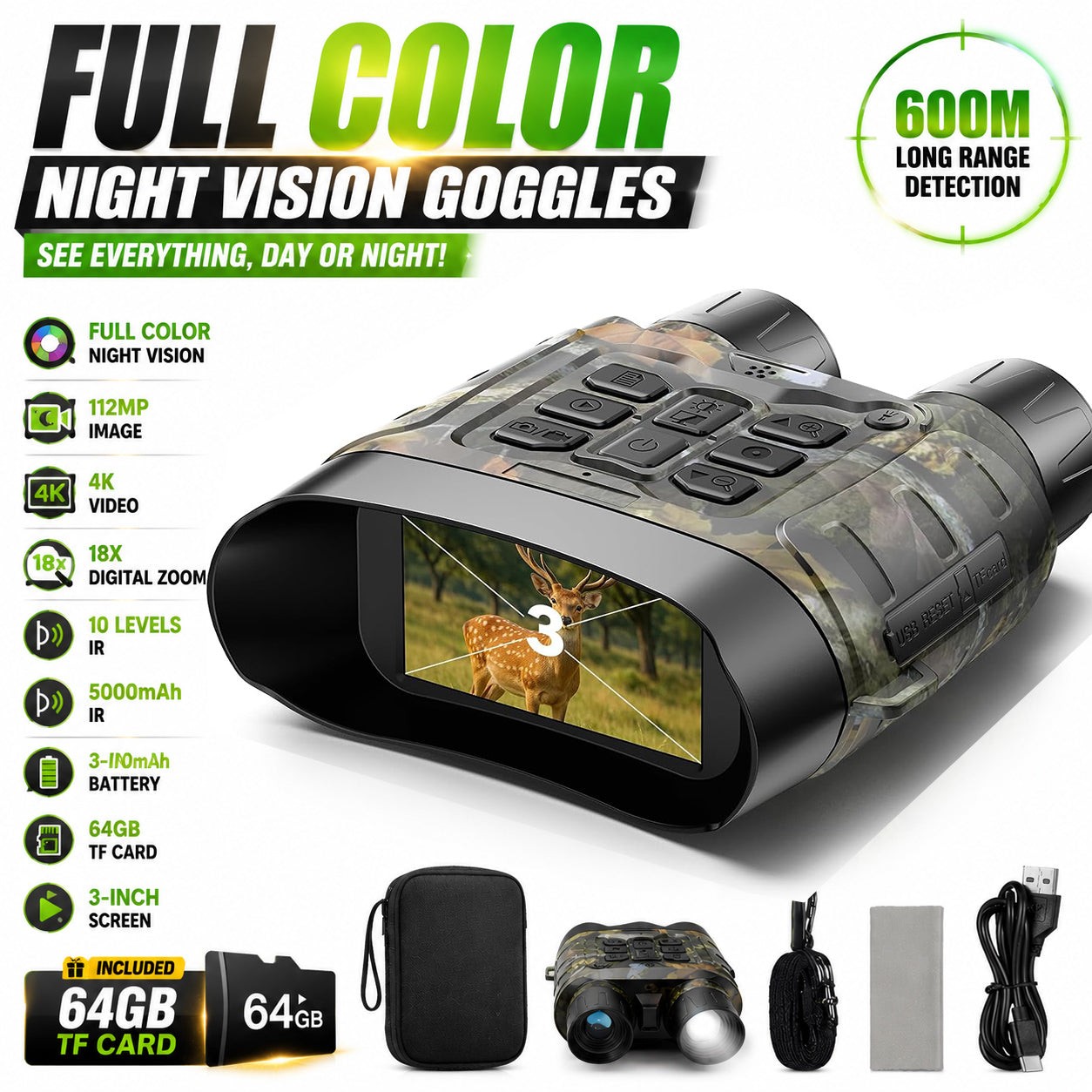 Full Color Night Vision Goggles, 112 MP 4K Night Vision Binoculars 18X Zoom&64GB