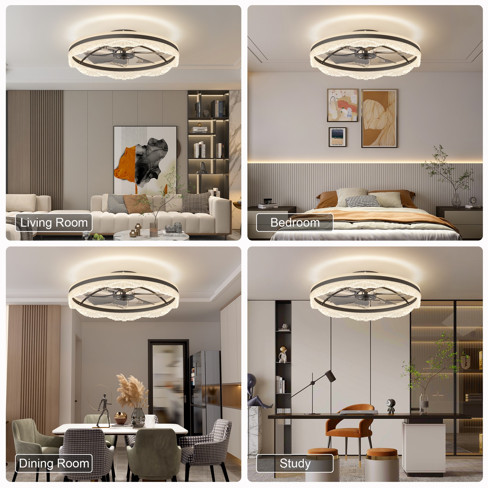 24" Flush Mount Modern Ceiling Fan Light LED Dimmable Lamp Fixture Kit w Remote