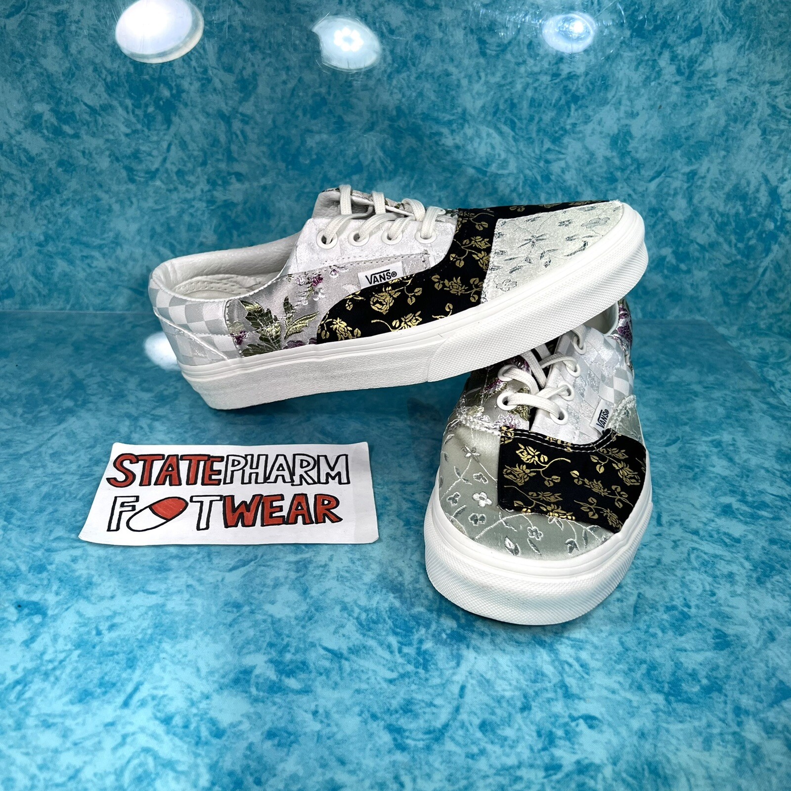 Vans Era Floral Patchwork Women's White Black Gold Cute Low Top Sneakers Shoes