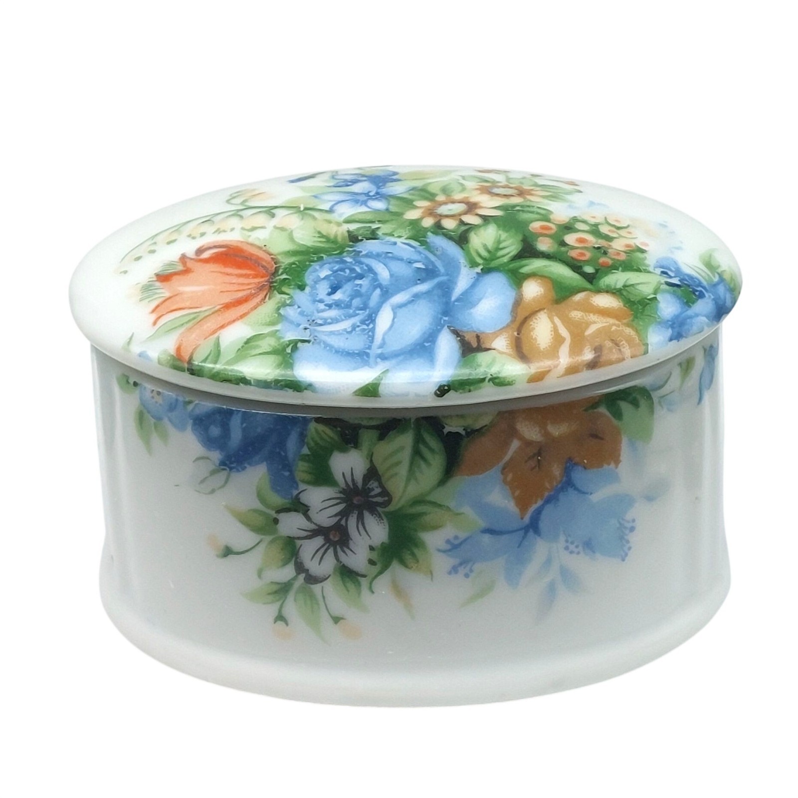 Vintage English Garden Floral Trinket Box, Porcelain Oval Flowers on Lidded Dish