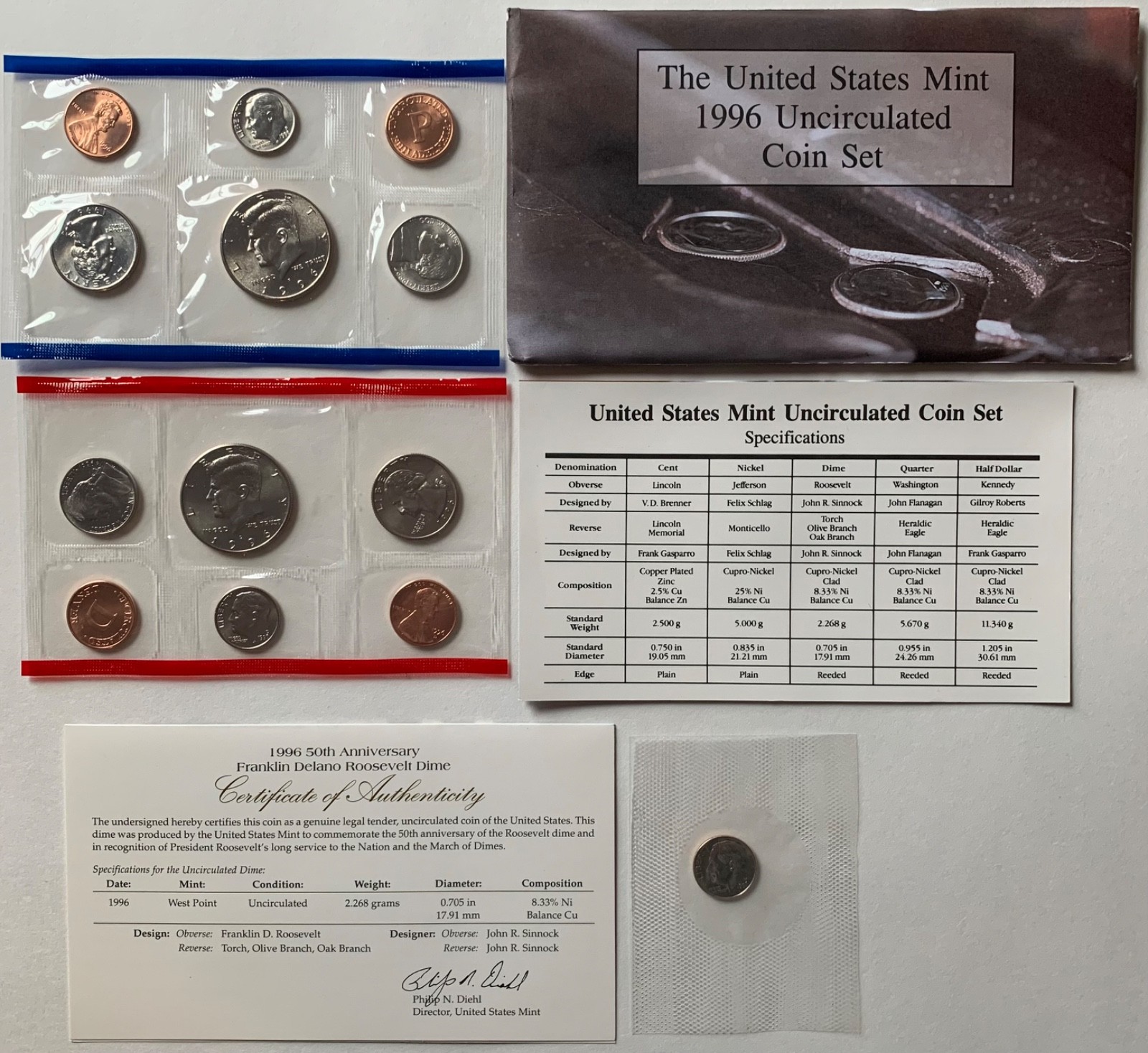 1996 US Mint Set featuring 11 Uncirculated Coins plus West Point Roosevelt Dime