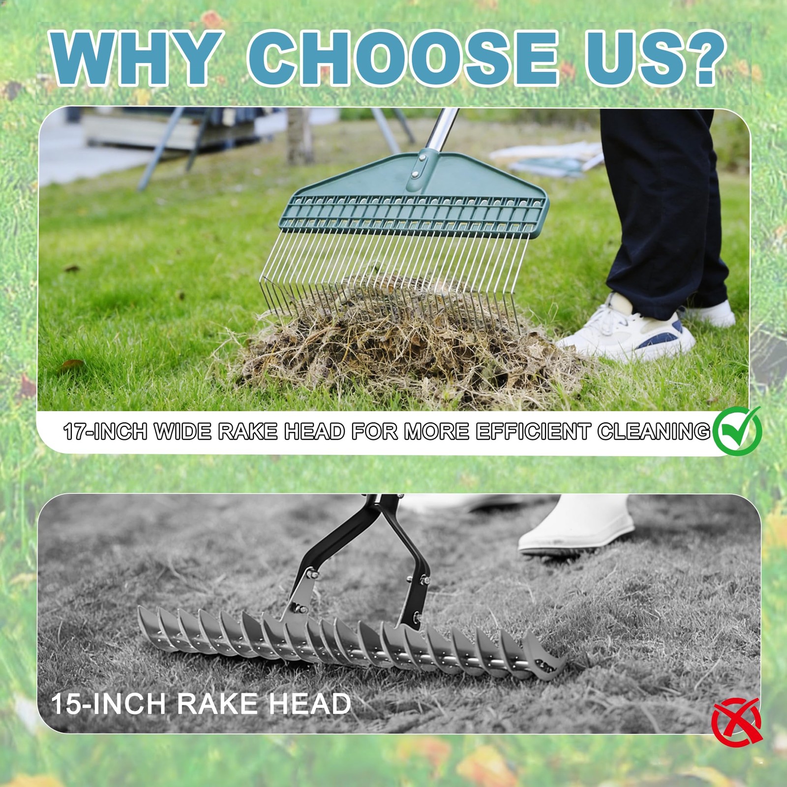 Adjustable Thatch Rake, 66" Handle, 17" Dethatcher for Lawn, Garden & Patio