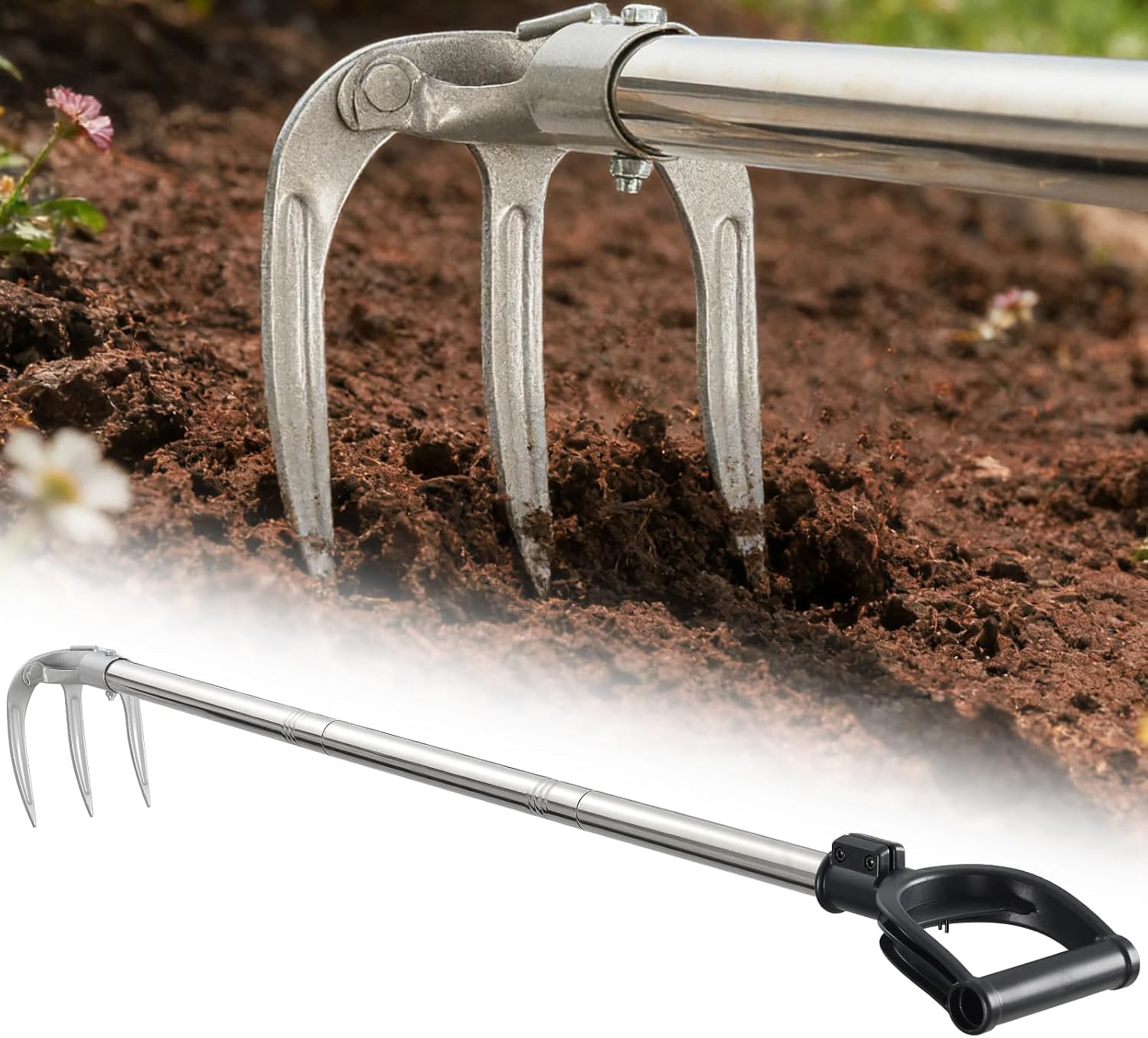 Long Handle Hand Rake Garden Tool 62" Stand Up Weeding Rake W/ D-Grip Heavy Duty