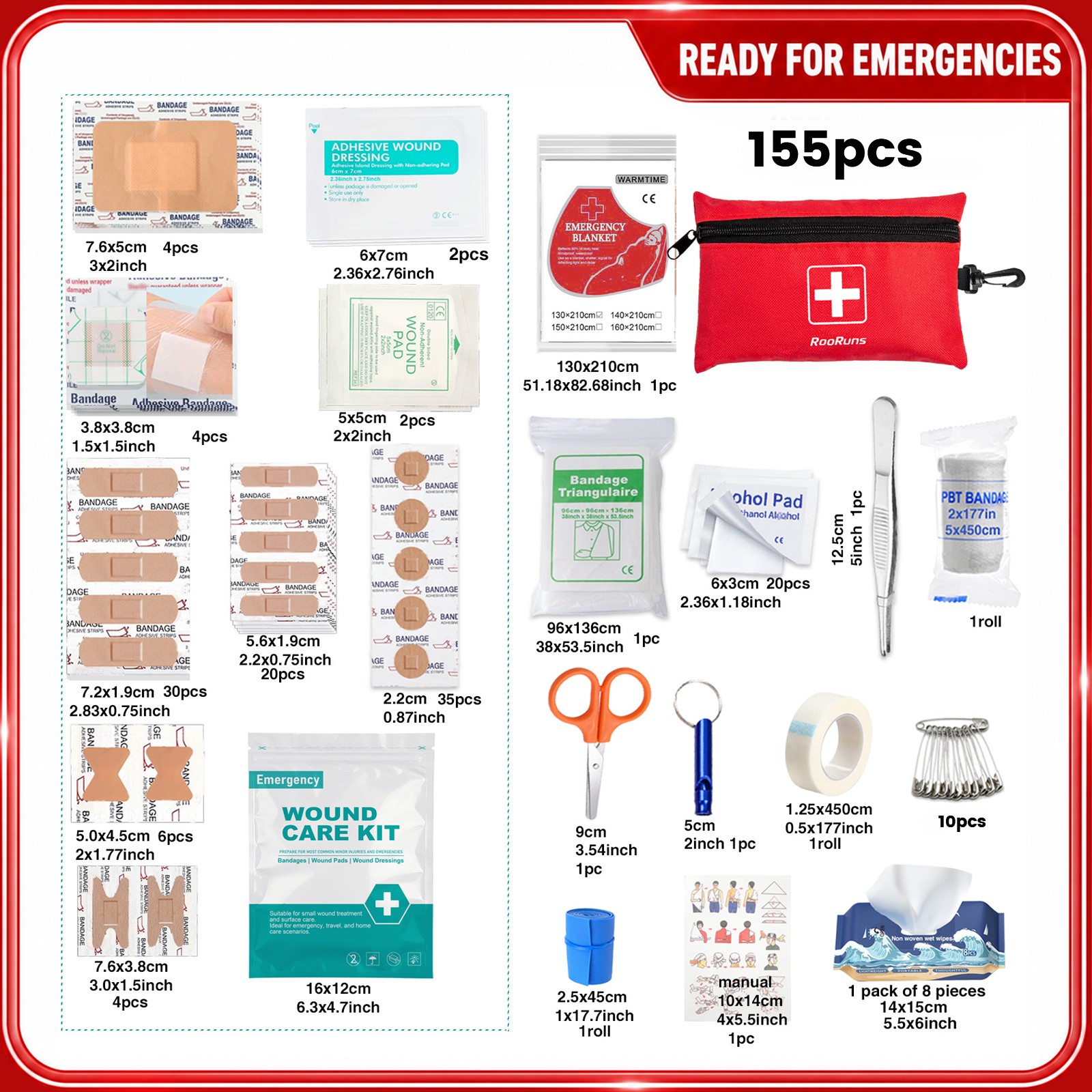 155P First Aid Kit Emergency Trauma Kit Portable Survival Bag Camping Sport Home