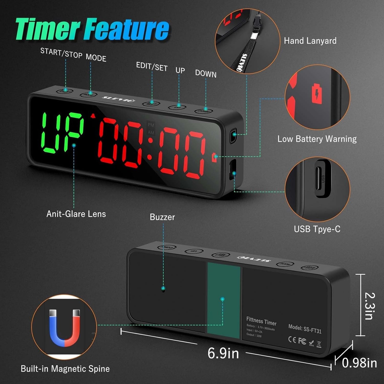 Magnetic Gym Timer Clock - Large LED Display for Interval Workouts, Matte Black