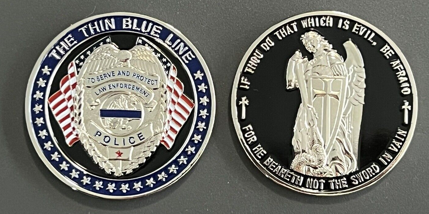 The Thin Blue Line- Badge Challenge Coin & St. Michael On Reverse-Free Shipping!