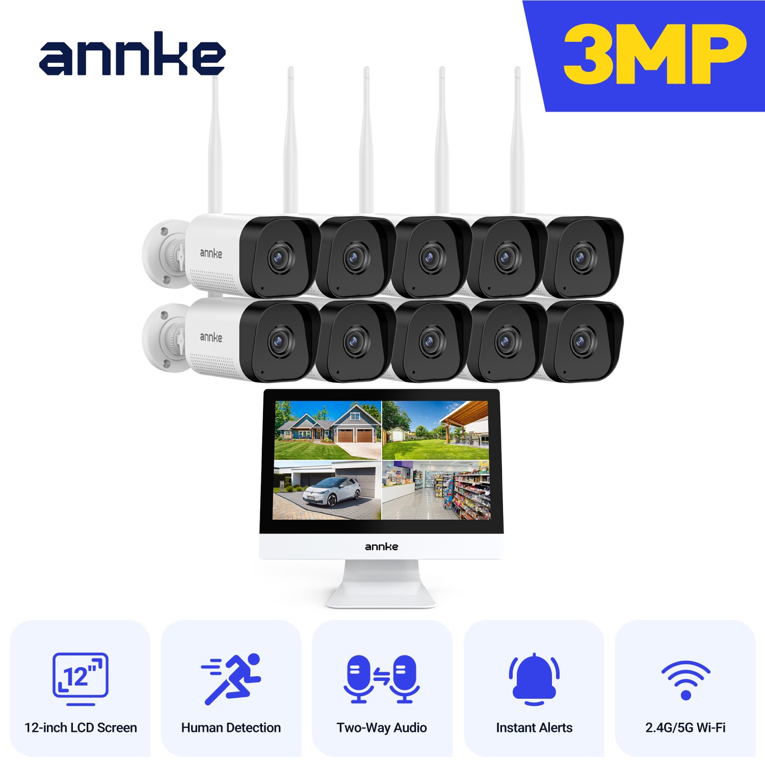 ANNKE Wireless 4K NVR 12” Monitor 3MP WIFI Security Camera System Two Way Audio