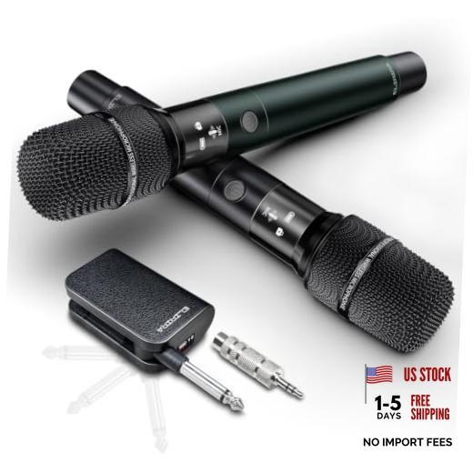 Dual Handheld Wireless Microphone System | Rechargeable 2.4GHz, Foldable Black
