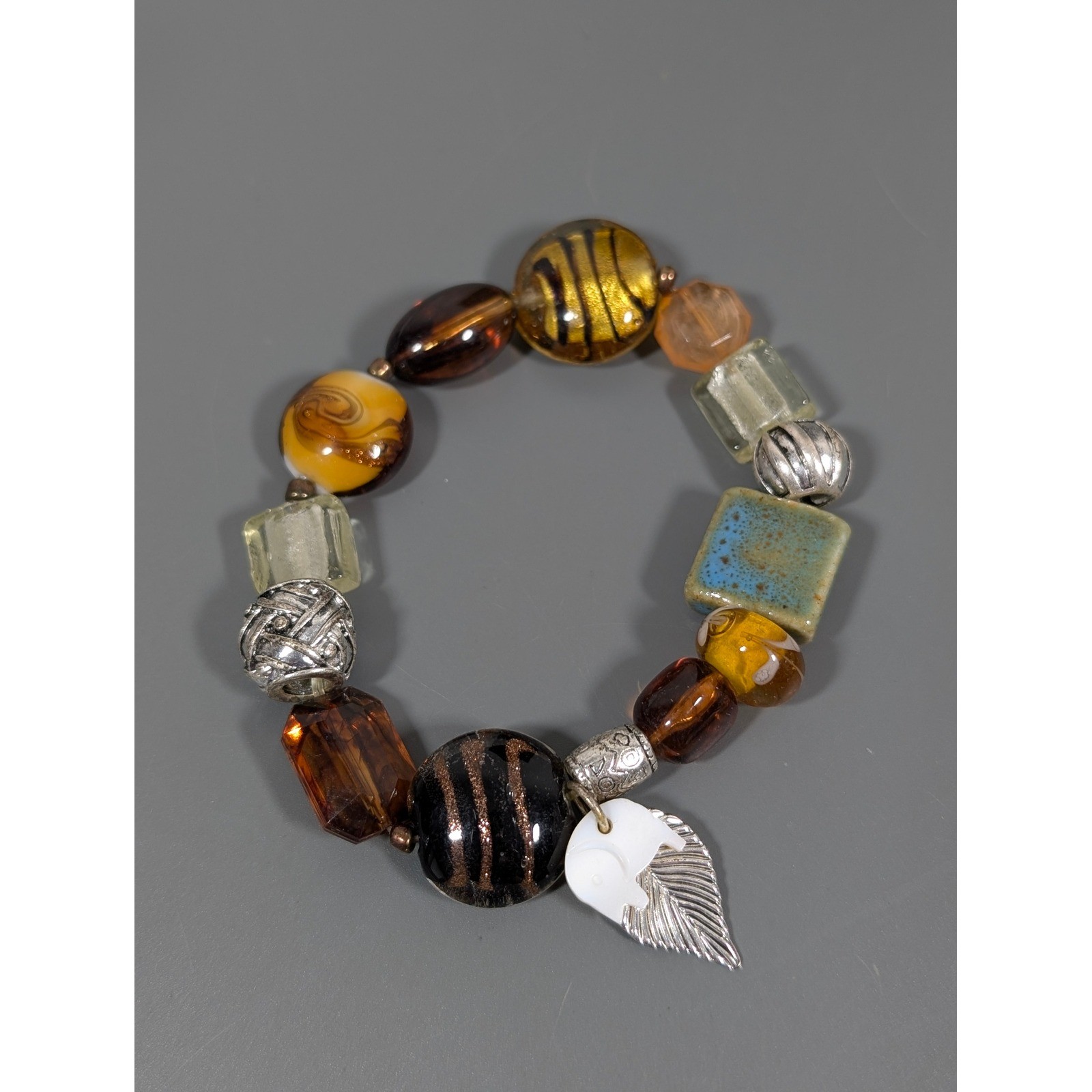 Elephant Charm Beaded Bracelet Art Glass Ceramic Shell Boho 7.5"