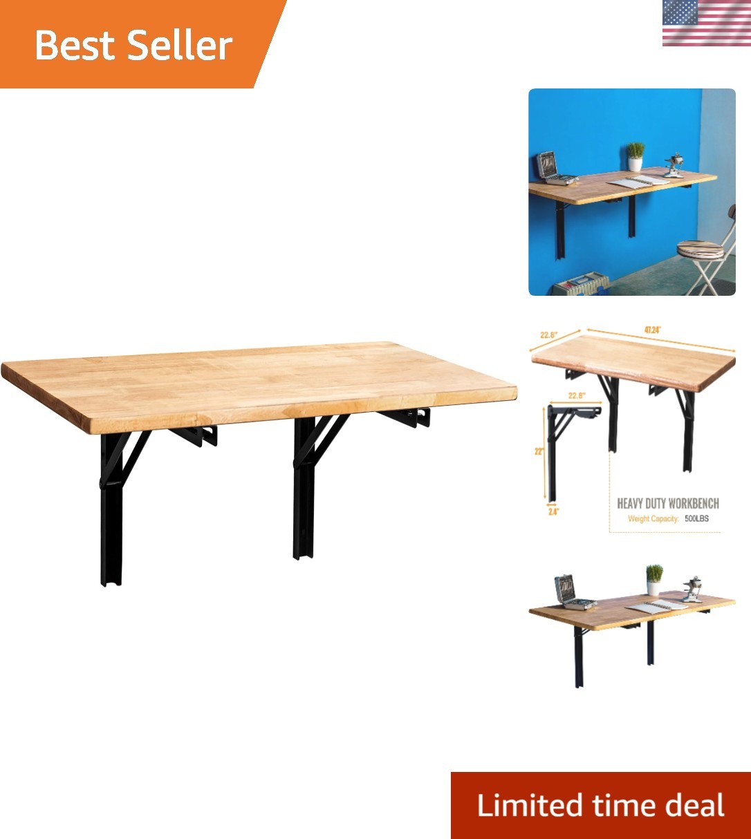 Heavy-Duty Folding Workbench 47.24 x 19.68 Inch - Wall-Mounted Utility Solution