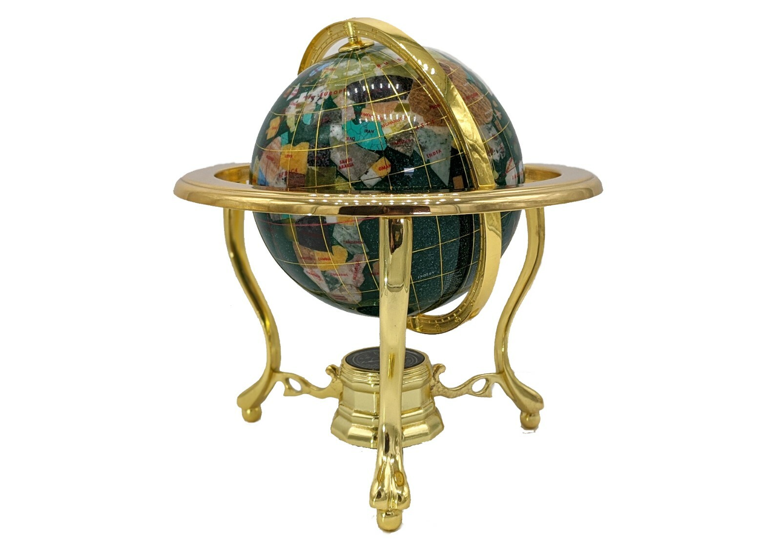 10" Tall Table Green Crystallite Ocean Gemstone World Globe with Gold Tripod Std