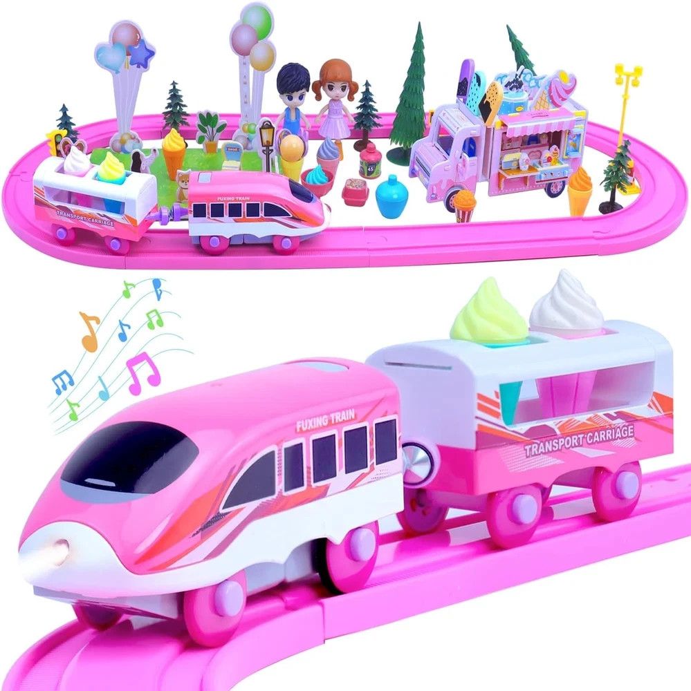 Pink Train Sets for Toddlers|Musical Electric Train Toys with DIY Ice Cream Truc