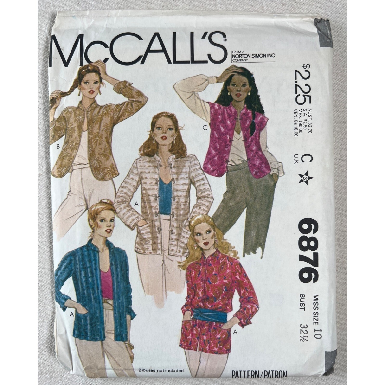 6876 McCalls Sewing Pattern 70s Jacket or Vest Mandarin Collar pockets Size 10