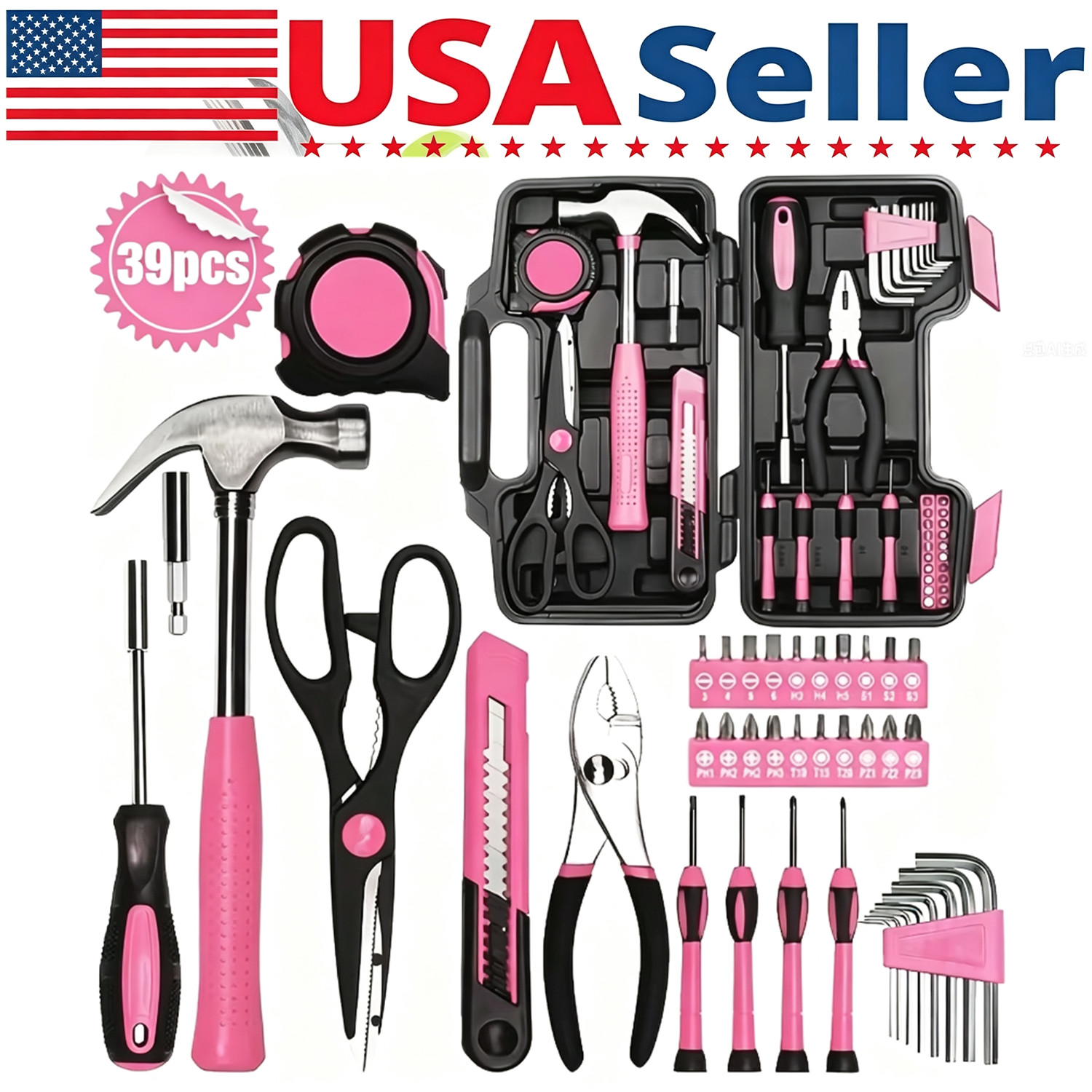 39Pcs Pink Tool Kit Set Screwdriver Hammer Pliers Utility Knife Repair
