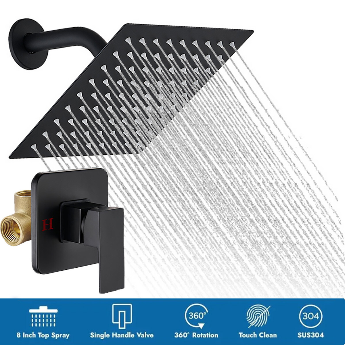 Black Shower Faucet Set 8"Rainfall Shower Head Combo System with Mixer Valve Kit