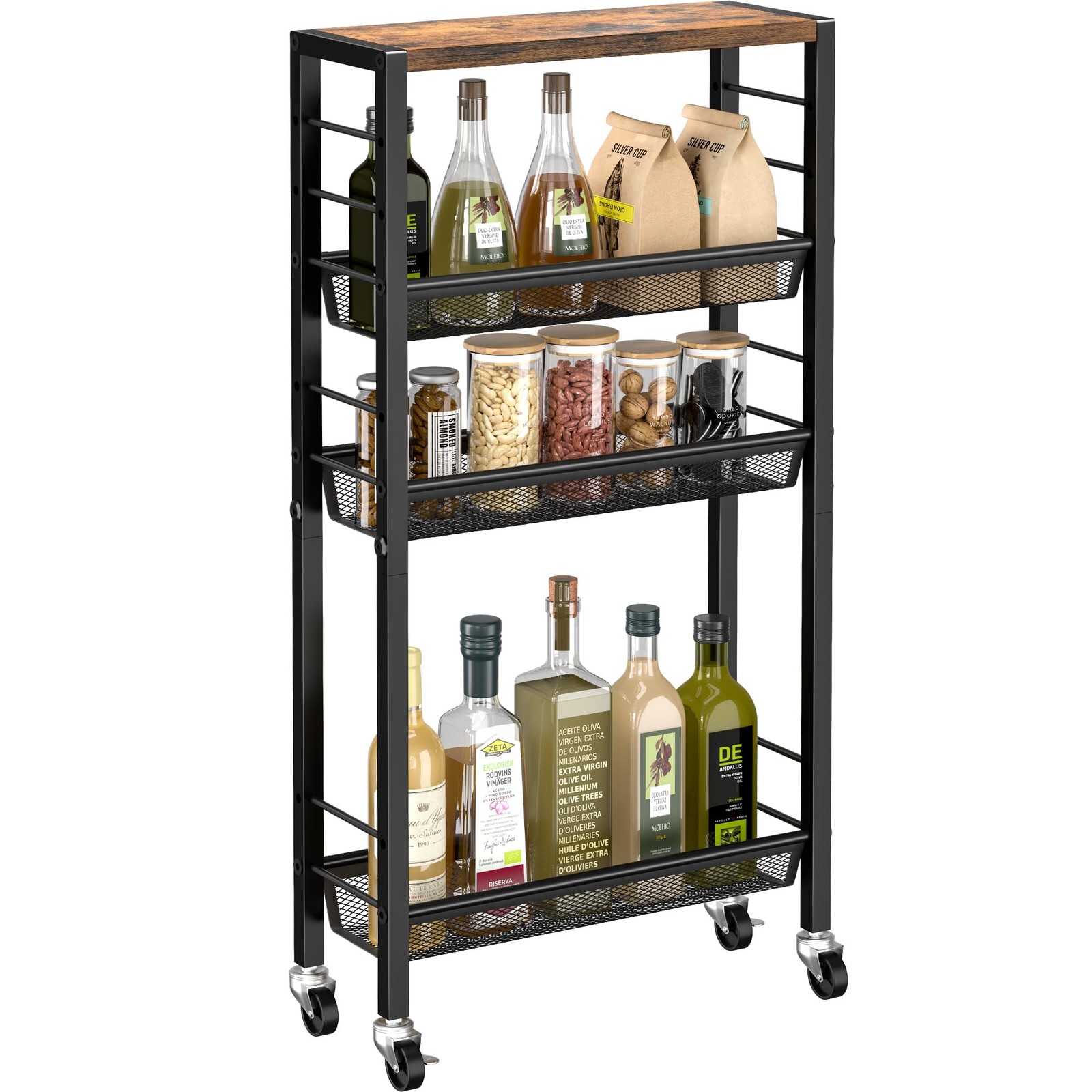 Slim Rolling Cart, 4-Tier Narrow Kitchen Storage Cart, Slim Utility Cart on W...