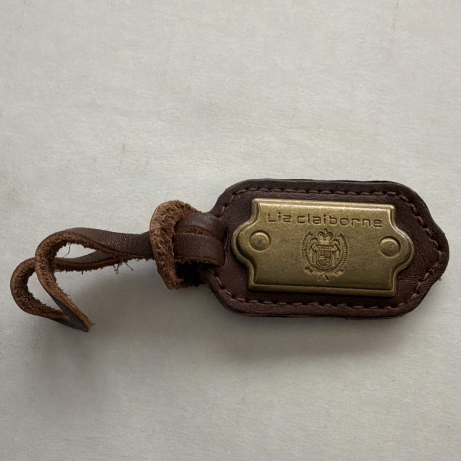 Liz Claiborne Brown Gold Logo Metal Plate Tag Fob Designer Accessory