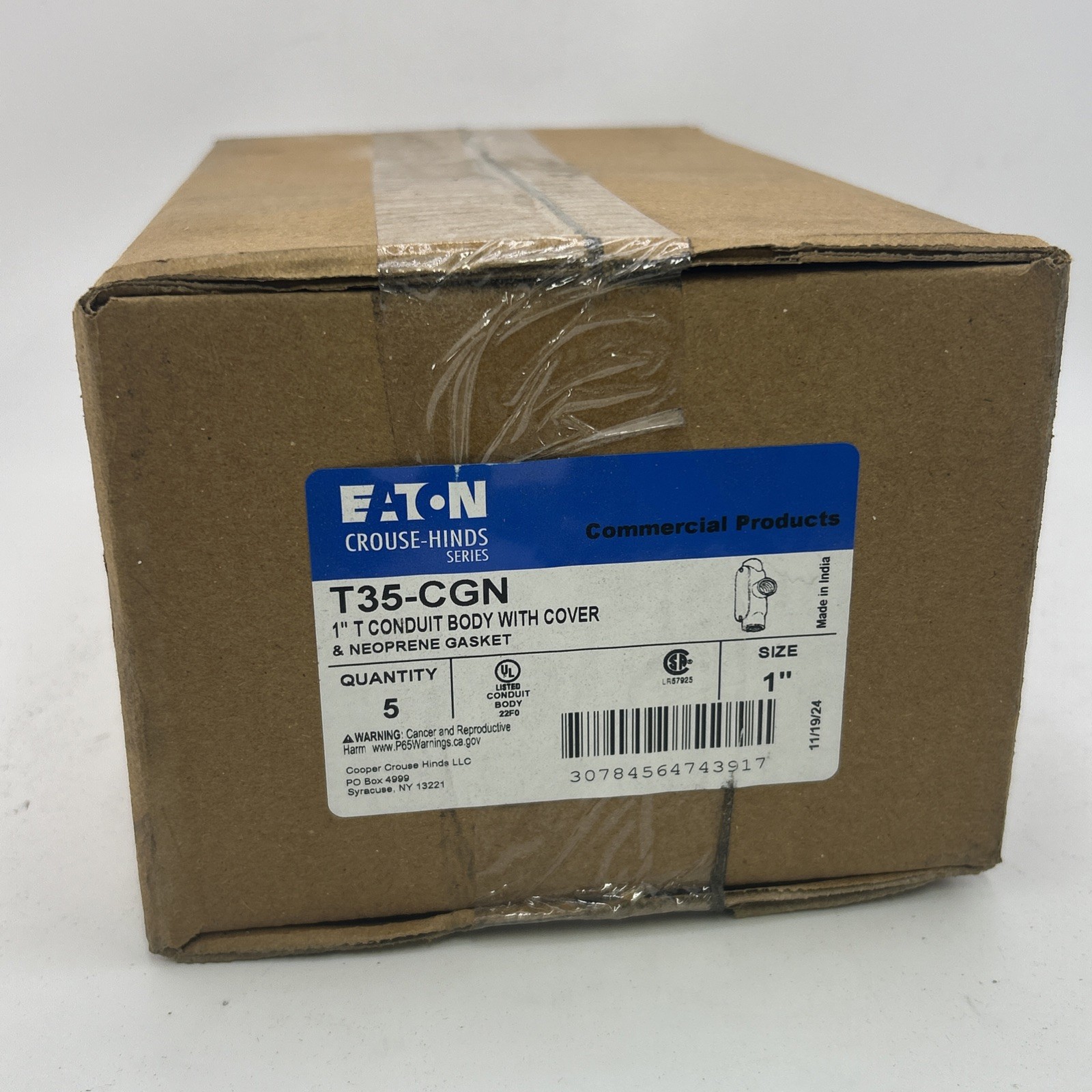 5 NEW EATON T35-CGN 1” LL CONDUIT BODIES W/COVERS & NEOPRENE GASKETS NIB