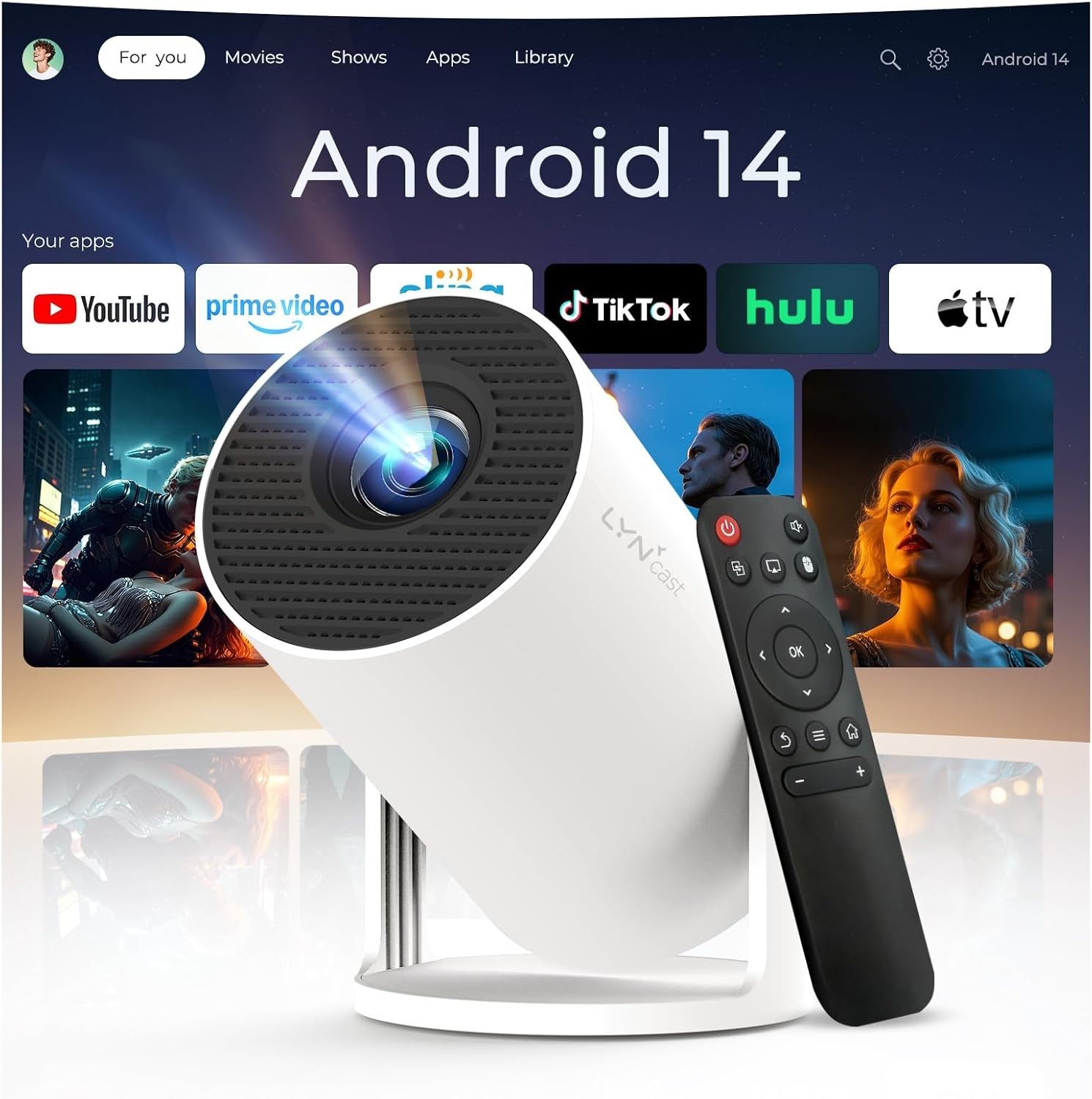 Mini Projector WiFi 6 Bluetooth 5.4 Android 14 1080P 4K Support Portable