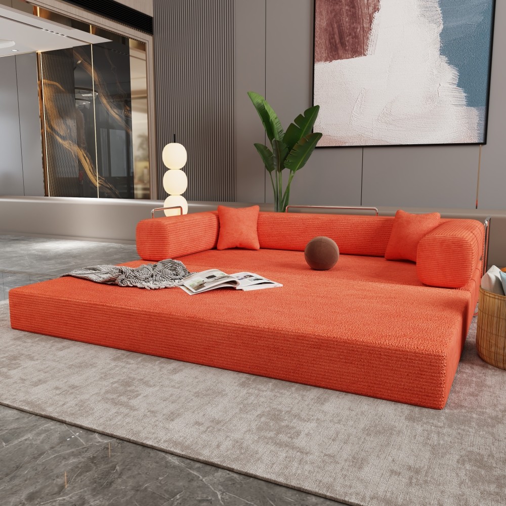Sleeper Sofa Bed 2-Seater Convertible Couch Corduroy Foam Orange