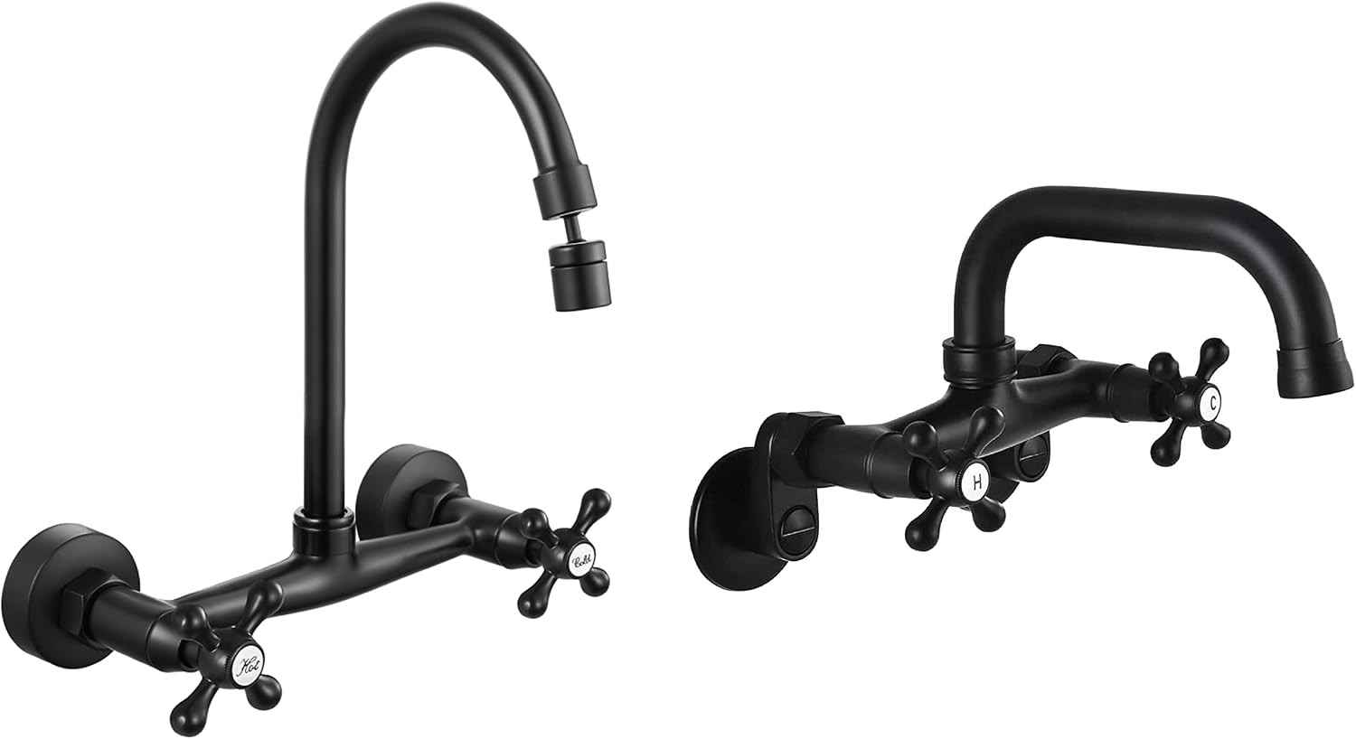 Matte Black Wall Mount Kitchen Faucet with Sprayer - 8 Inch Center Reach