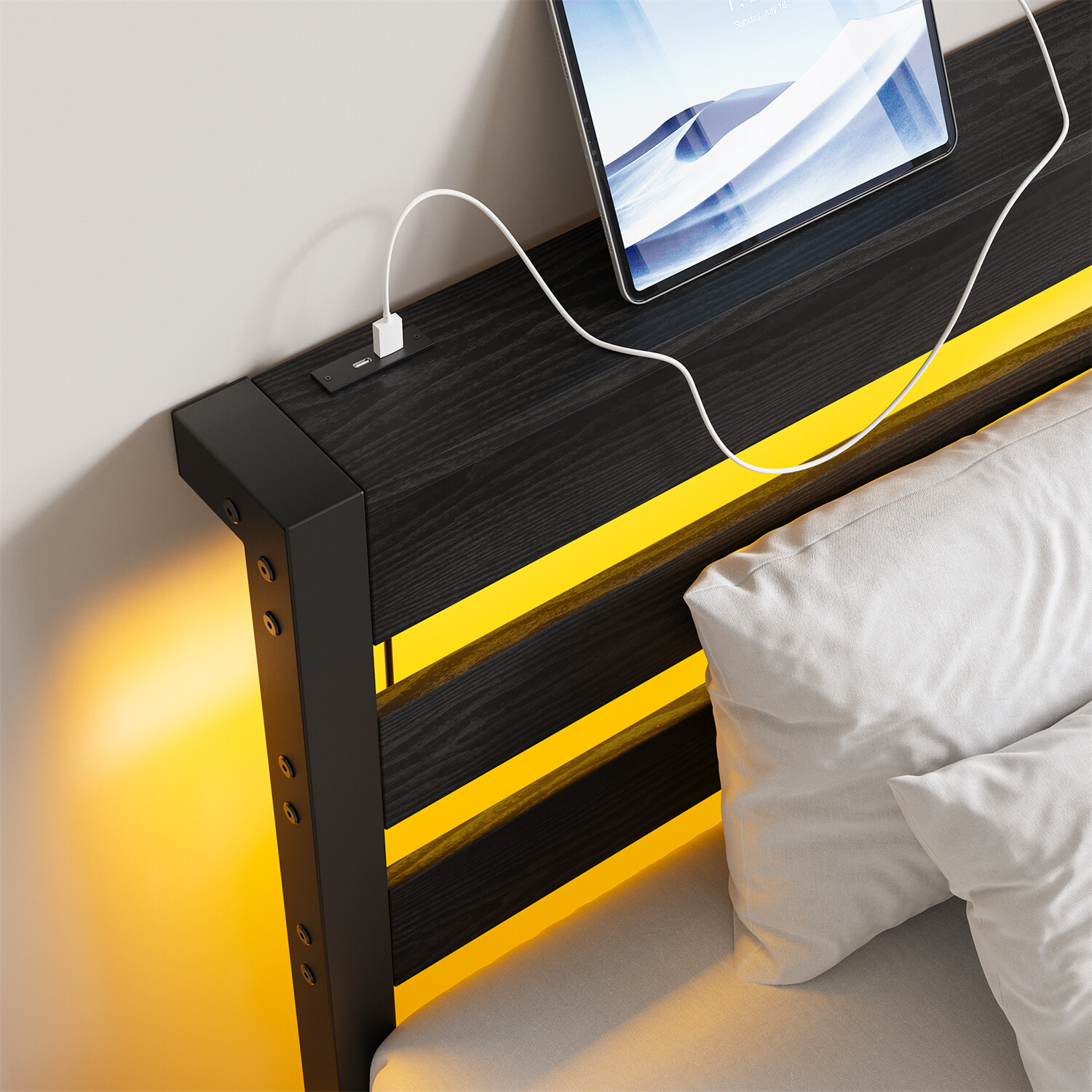 Twin Size Bed Frame Metal Platform Bed with LED Lights & Charging Station US