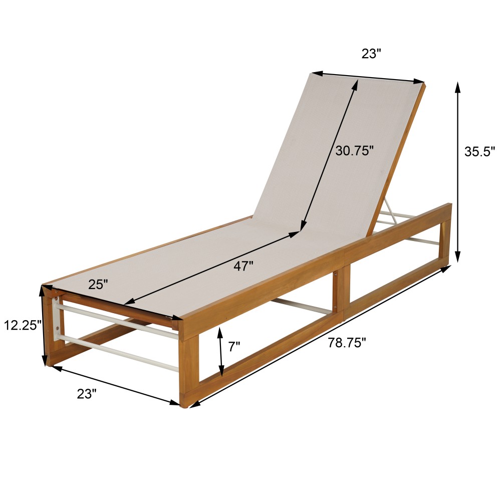 Teak Finish Acacia Wood Outdoor Chaise Lounge with Textilene Mesh Seating