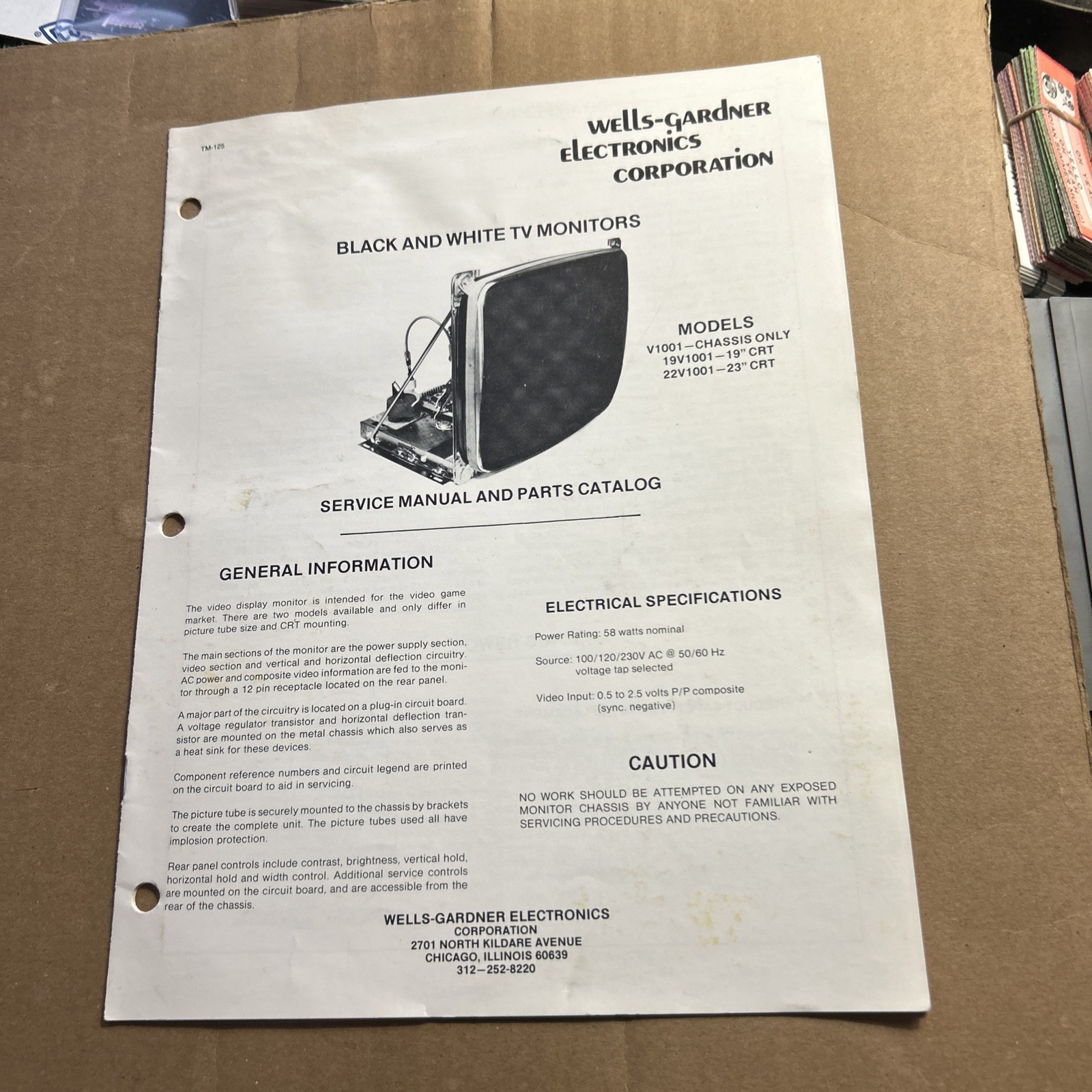 Wells Gardner 19 V1001   22V1001 Monitor Black White arcade game owners manual