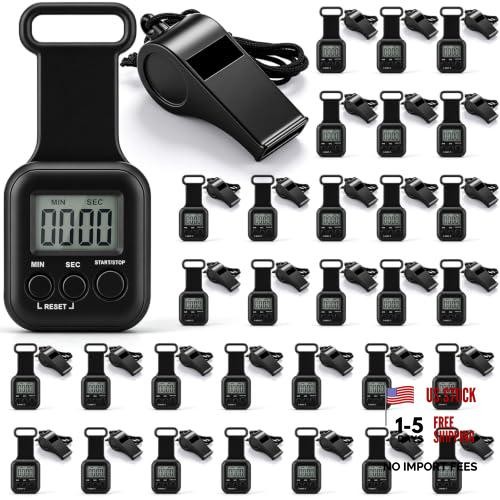 60 Pcs Digital Stopwatch Timer Plastic Whistle Bulk with Lanyard for Sports