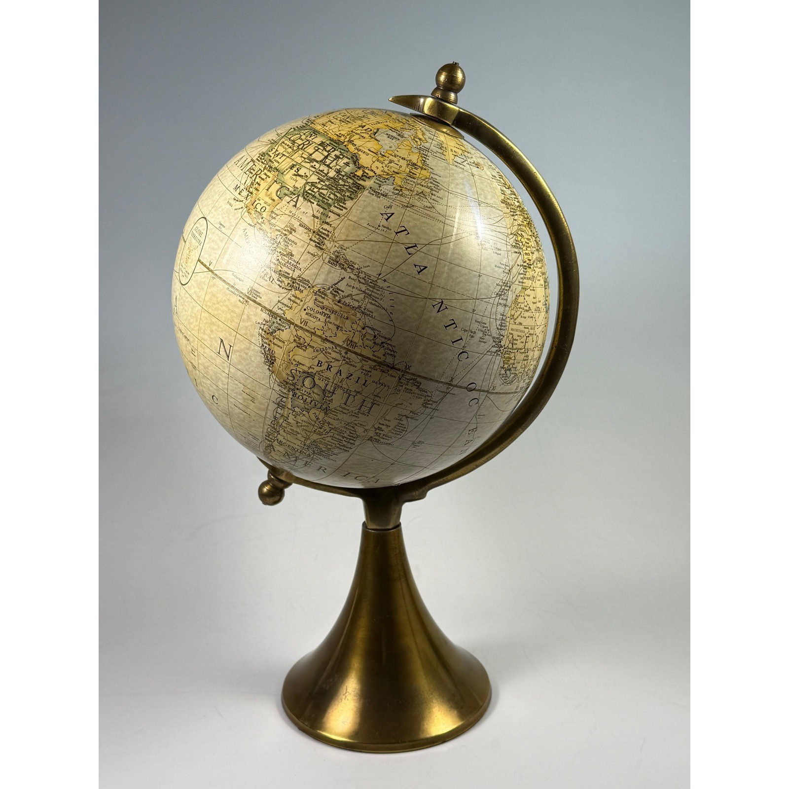 Vintage Brass Desk Globe Antique Beige Rotating World Map 14 Inch Office Decor