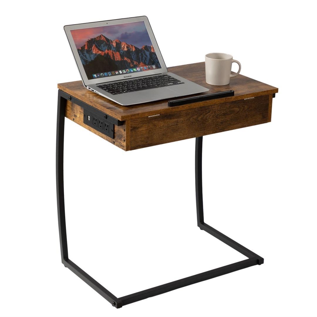 Hadulcet C Shaped End Table with Charging Station, 25.6", Rustic Brown