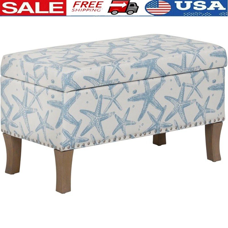 Upholstered Storage Ottoman Starfish Print Hidden Compartment Soft Foam Seat New