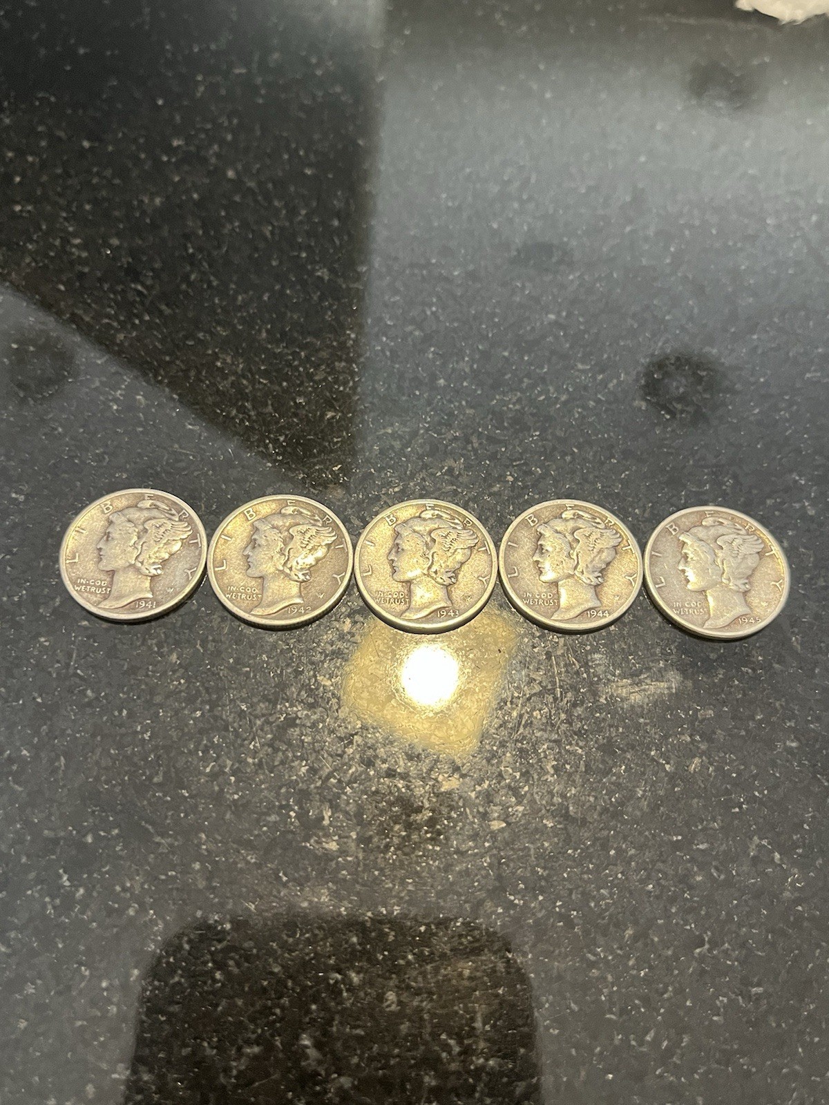Five Mercury Dimes 1941 To 1945 P  90% Silver Five Dimes Per Set Per Order
